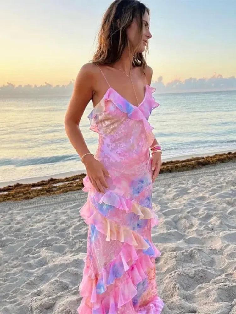 Tiered Ruffles Flower Print Maxi Dress: Boho Chic Beach Elegance Trendy Maxi Dress with Lace