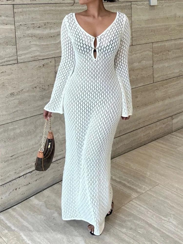 Tossy White Knit Maxi Dress: Elegantly Stylish Beach Cover-Up Cozy Cold-Shoulder Maxi Dress