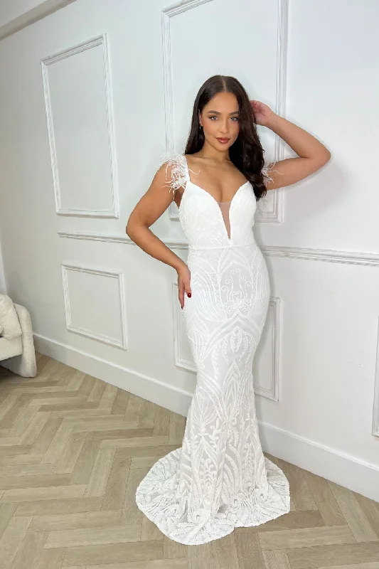 Trophy White Luxe Plunge Tribal Sequin Embellished Illusion Feather Open Back Maxi Dress Comfortable Bohemian Maxi Dress