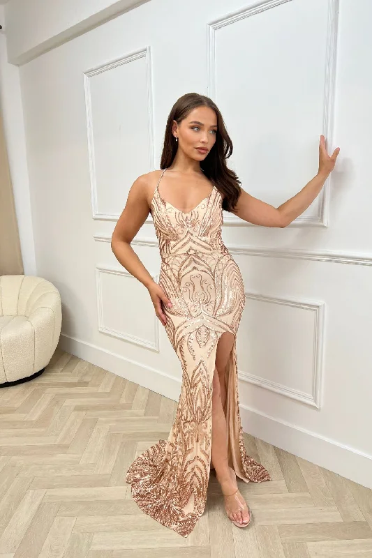 Unapologetic Rose Gold Luxe Sequin Embellished Rhinestone Jewelled Straps Slit Maxi Dress Elegant Maxi Dress with Ruffles