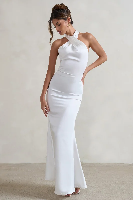 Unbeatable | White Satin Cross Over Halter-Neck Maxi Dress Comfortable Fit-and-Flare Maxi Dress