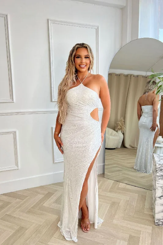 Vision Silver Luxe Sequin Rhinestone Jewelled Halter Neck Thigh Slit Maxi Dress Elegant Maxi Dress with Ruffles