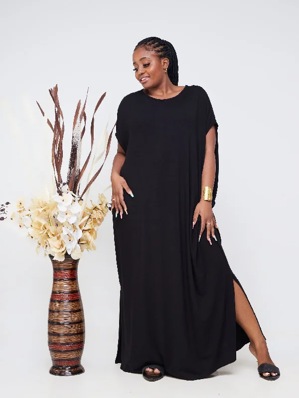 Vivo Essentials Drop Shoulder Maxi Dress - Black Stylish Off-Shoulder Maxi Dress