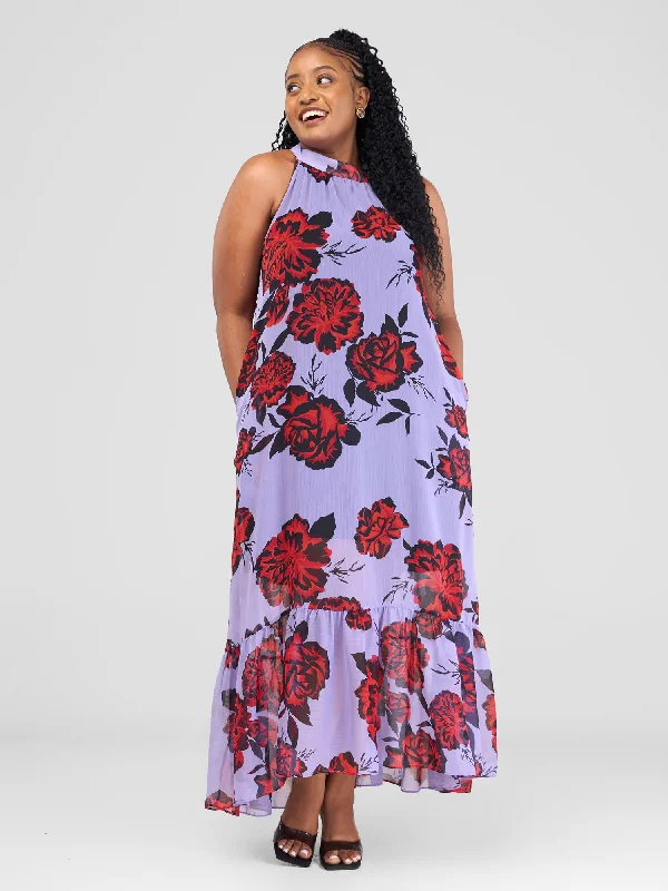 Vivo Halter Maxi Dress With Lining - Purple / Red Print Cozy Spaghetti Strap Maxi Dress