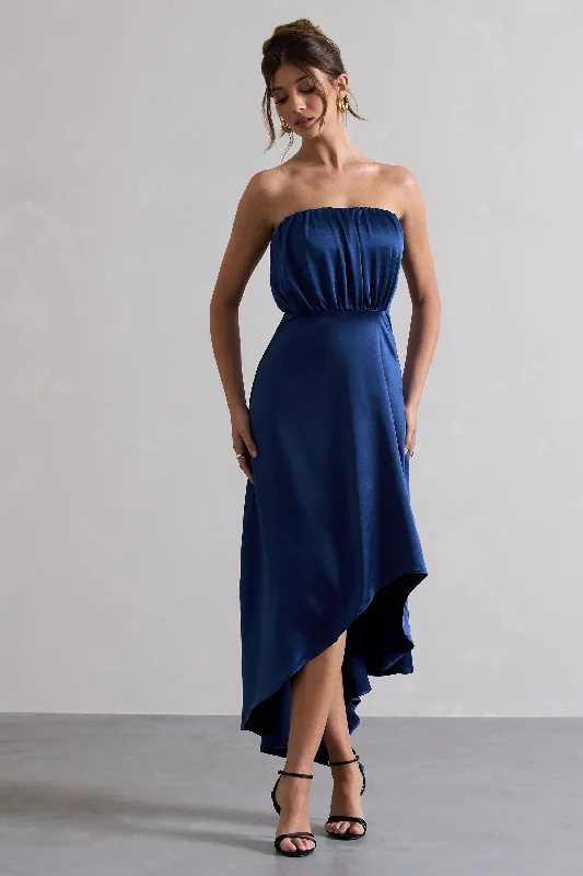 Willa | Navy Satin Bandeau Maxi Dress With Asymmetric Hem Classic A-Line Maxi Dress