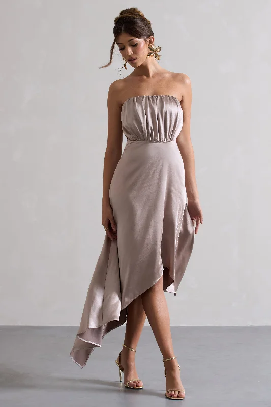 Willa | Taupe Satin Bandeau Maxi Dress With Asymmetric Hem Comfortable Bohemian Maxi Dress