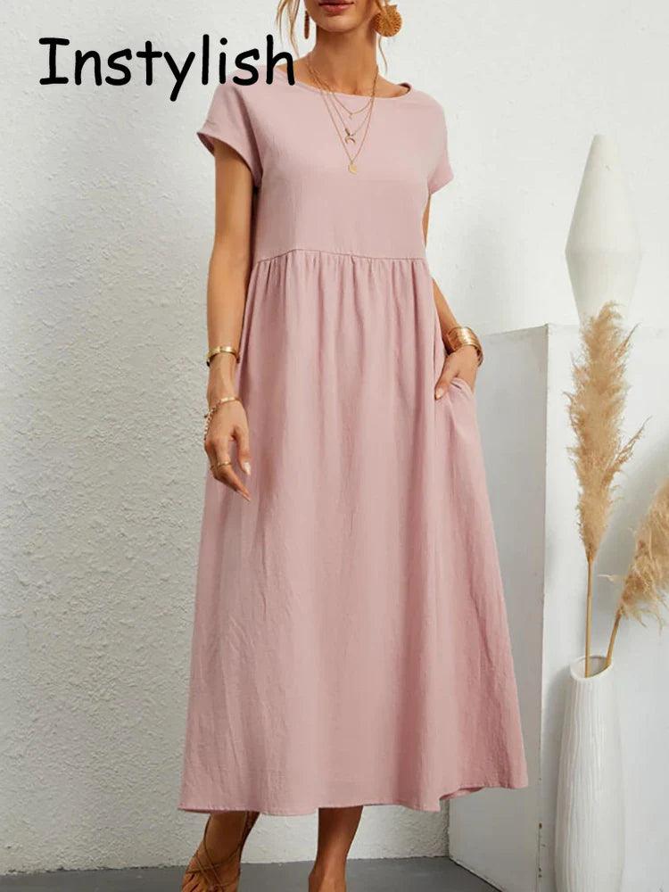 Elegant Vintage Maxi Dress: Summer Fashion Staple with O-neck and A-line Silhouette Stylish A-Line Maxi Dress