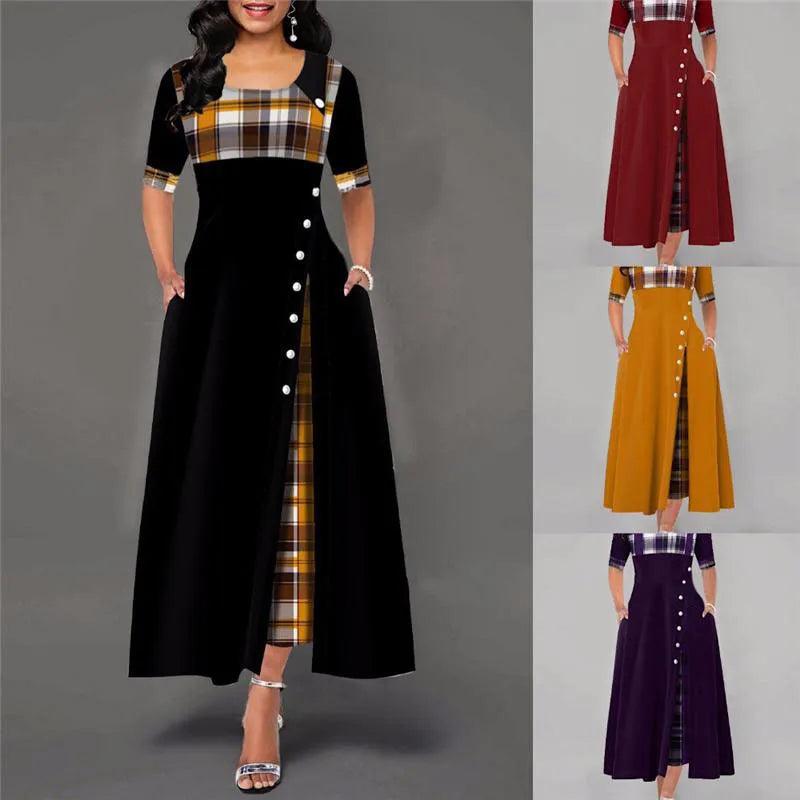 Plaid Print Maxi Dress: Vintage Button Detail & Flare Silhouette Comfortable Ruffle Maxi Dress