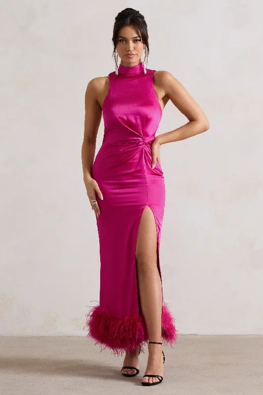 Zoe | Dark Pink Satin Twist Split Maxi Dress With Feather Trim Comfortable Pleated Maxi Dress