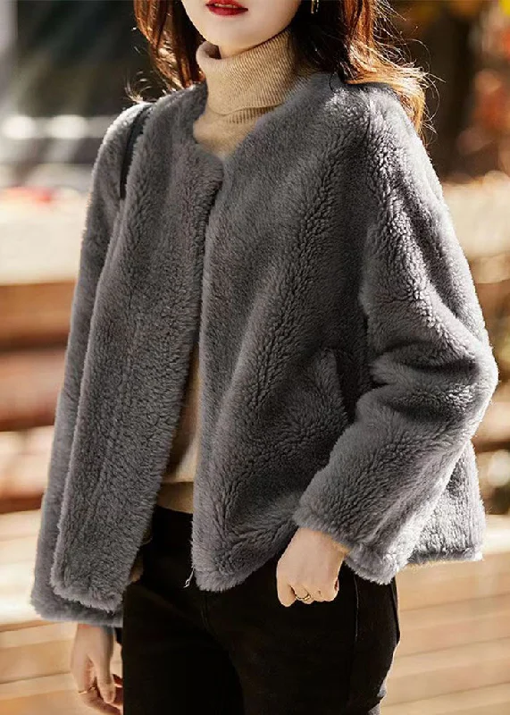 Beautiful Grey O Neck Pockets Patchwork Wool Jackets Winter Hooded Jacket Caped Jacket Shawl Collar Jacket