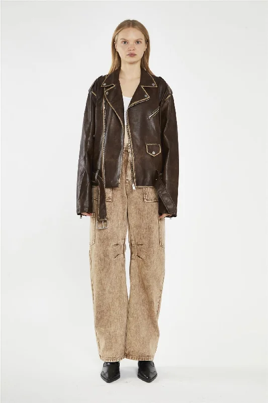 Brown Distressed-PU Oversized Biker-Jacket Anorak Shell Jacket Lightweight Jacket