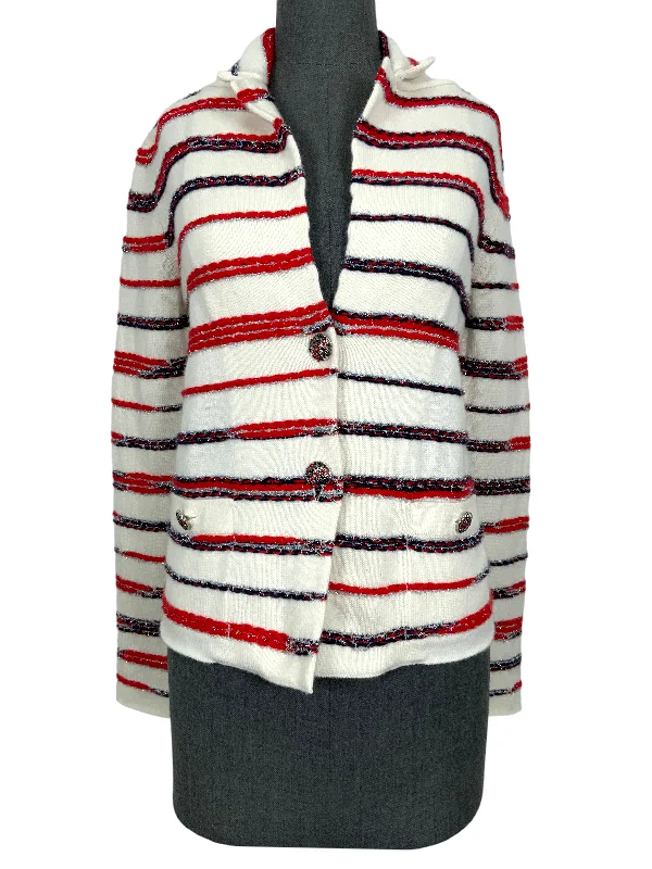 CHANEL 20S Striped Cashmere Jacket Size S NEW Hooded Jacket Caped Jacket Shawl Collar Jacket