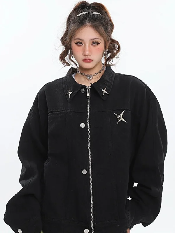 Cindy Solid Color Silver Twinkle Brooch Embroidery Long Sleeve Denim Zip Up Jean Jacket Plaid Jacket Tartan Jacket Houndstooth Jacket