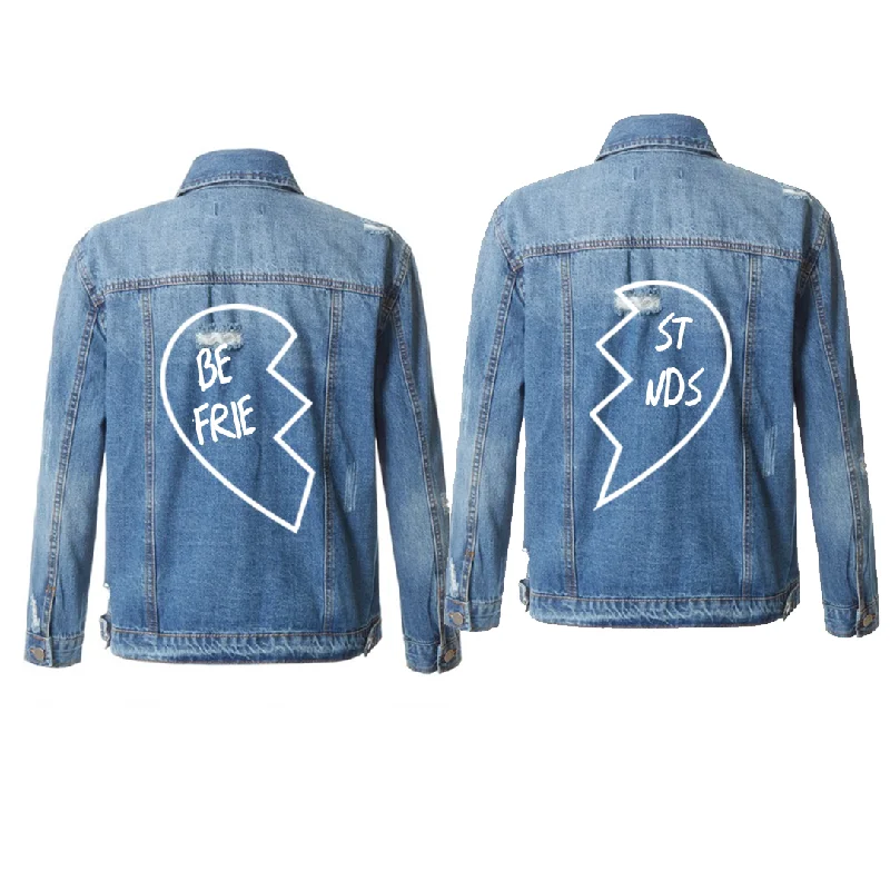 Best Friends Mid-Wash Distressed Denim Jacket Snapped Jacket Toggled Jacket Drawstring Jacket