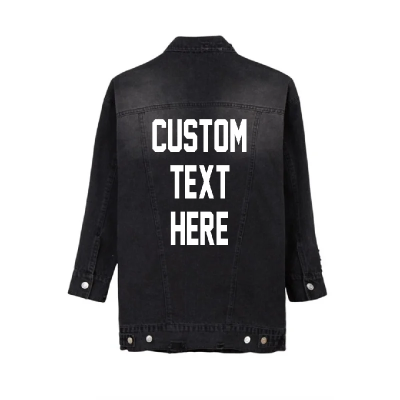 Custom Text Distressed Long Black Denim Jacket Cotton Fabric Linen Fabric Terry Fabric