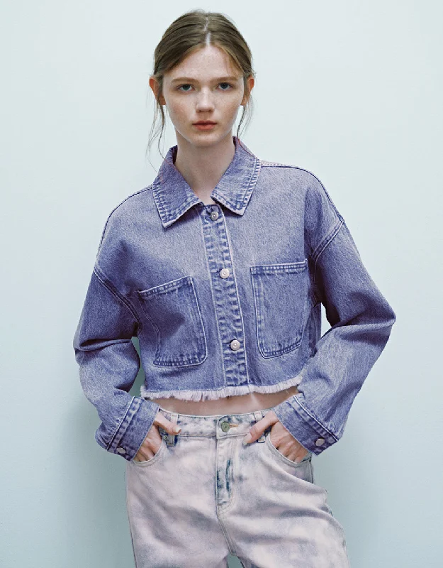 Cropped Gradient Denim Jacket One-Shoulder Jacket Off-the-Shoulder Jacket Asymmetrical Jacket