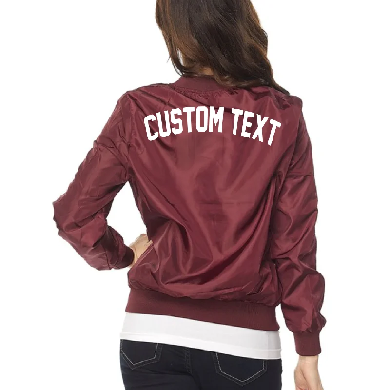 Custom Text Womens Maroon Bomber Jacket Ribbed Jacket Pleated Jacket Ruffled Jacket