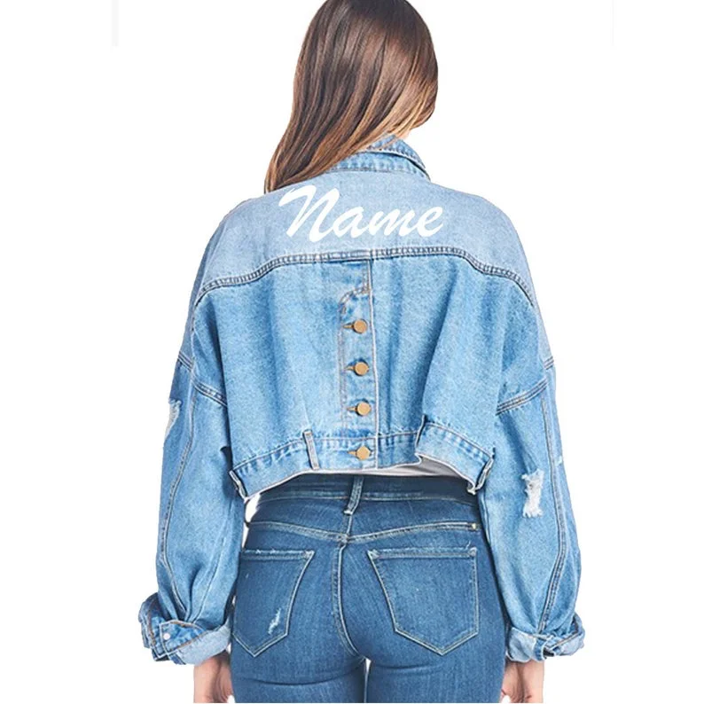 Custom Text Vintage Crop Denim Jacket Rayon Fabric Velvet Fabric Corduroy Fabric