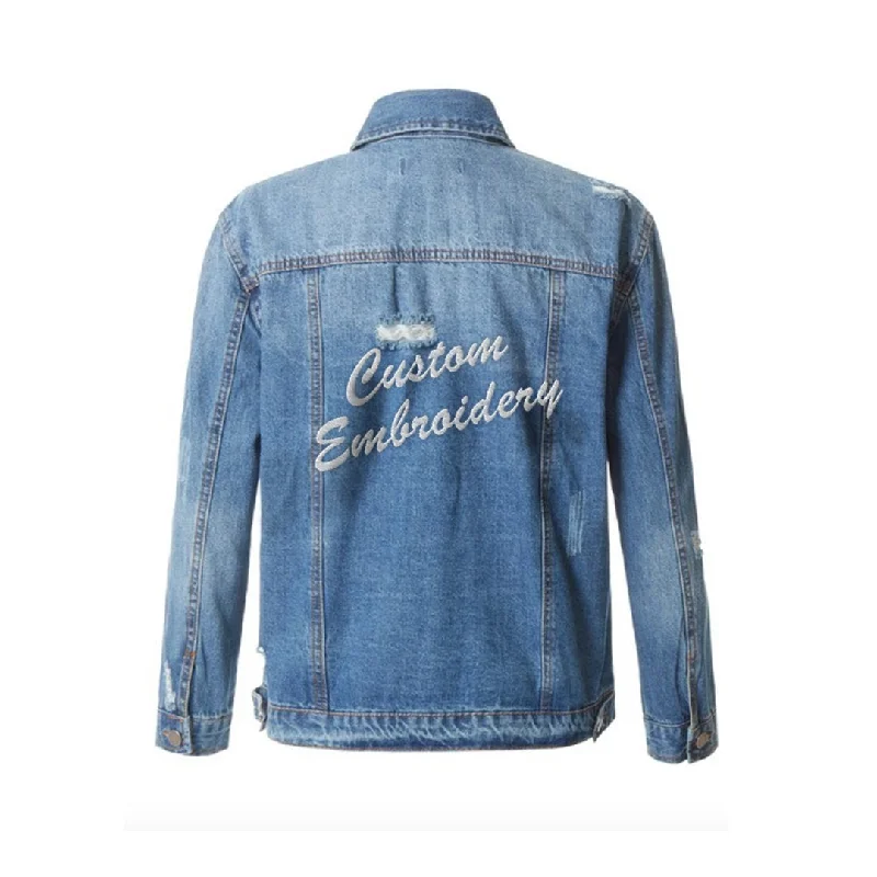 Custom Text Embroidered Distressed Denim Jacket Belted Jacket Elasticated Jacket Padded Jacket