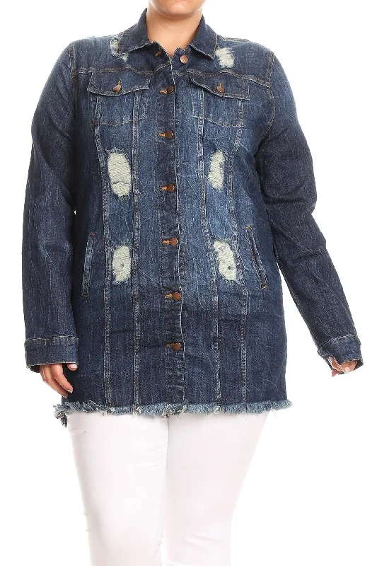 Dark Blue Shredded Back Denim Jacket Tailored Jacket Straight Jacket A-Line Jacket