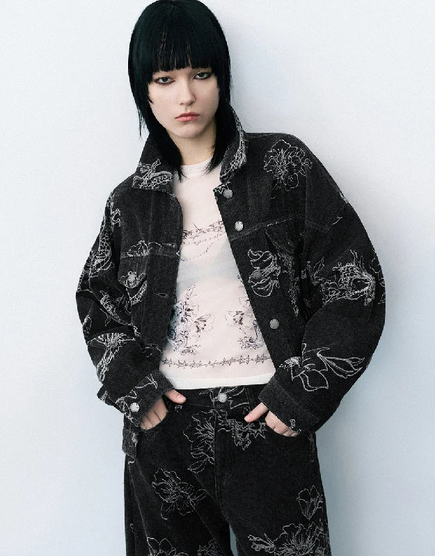 Dragon Printed Denim Jacket One-Shoulder Jacket Off-the-Shoulder Jacket Asymmetrical Jacket