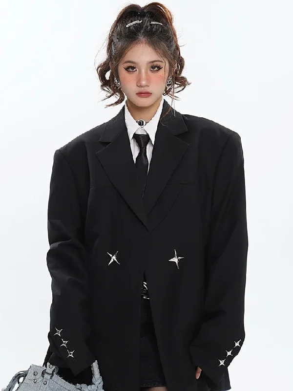 Elliana Solid Color Silver Twinkle Star Embroidery Brooch Long Sleeve Blazer Jacket Trench Coat Raincoat Waterproof Jacket