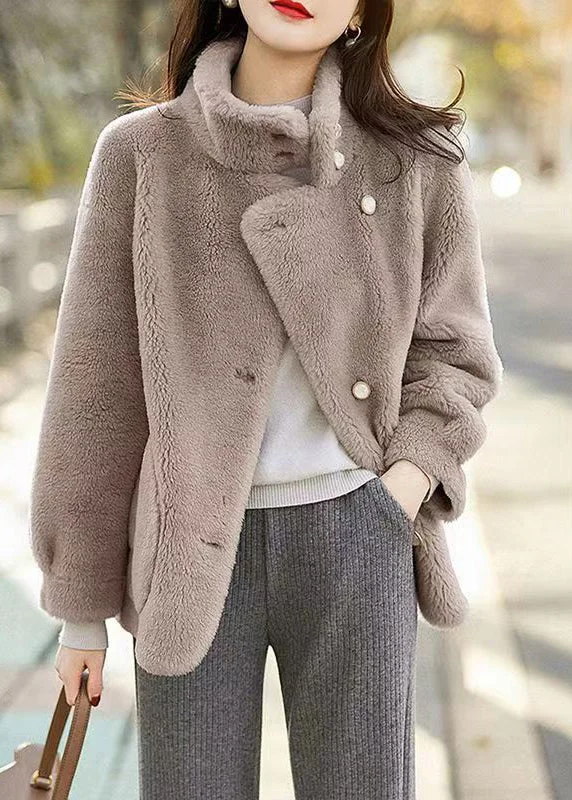 Grey Pockets Patchwork Woolen Jacket Stand Collar Button Winter Faux Fur Jacket Real Fur Jacket Shearling Jacket