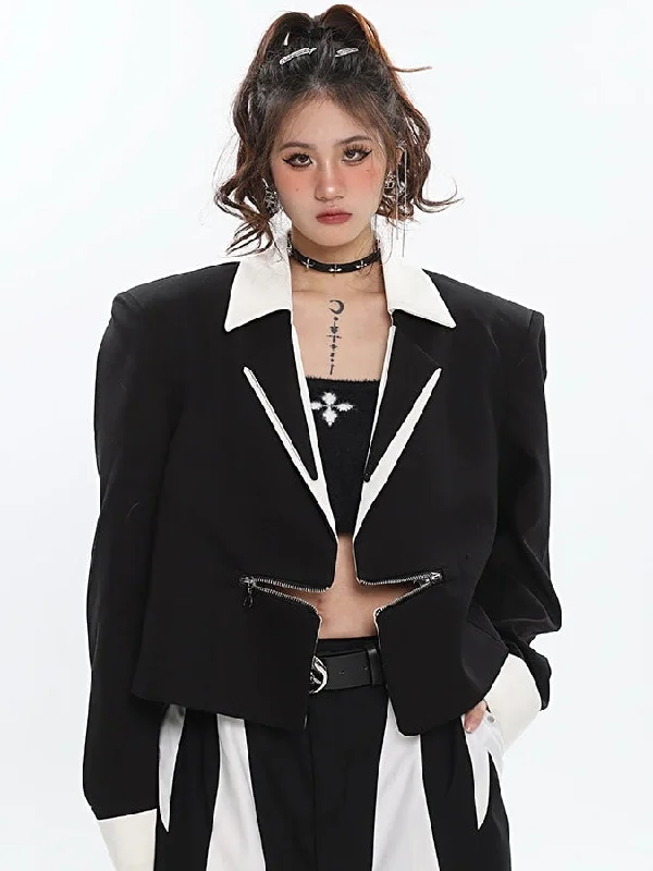 Helena Contrast Color Horizontal Zipper Long Sleev Zip Up Blazer Jacket Notch Collar Jacket Peter Pan Collar Jacket Cowl Neck Jacket