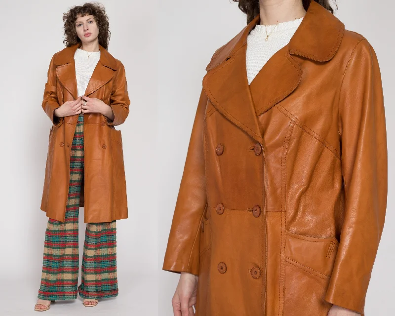 Large 70s Caramel Brown Long Leather Jacket Snapped Jacket Toggled Jacket Drawstring Jacket