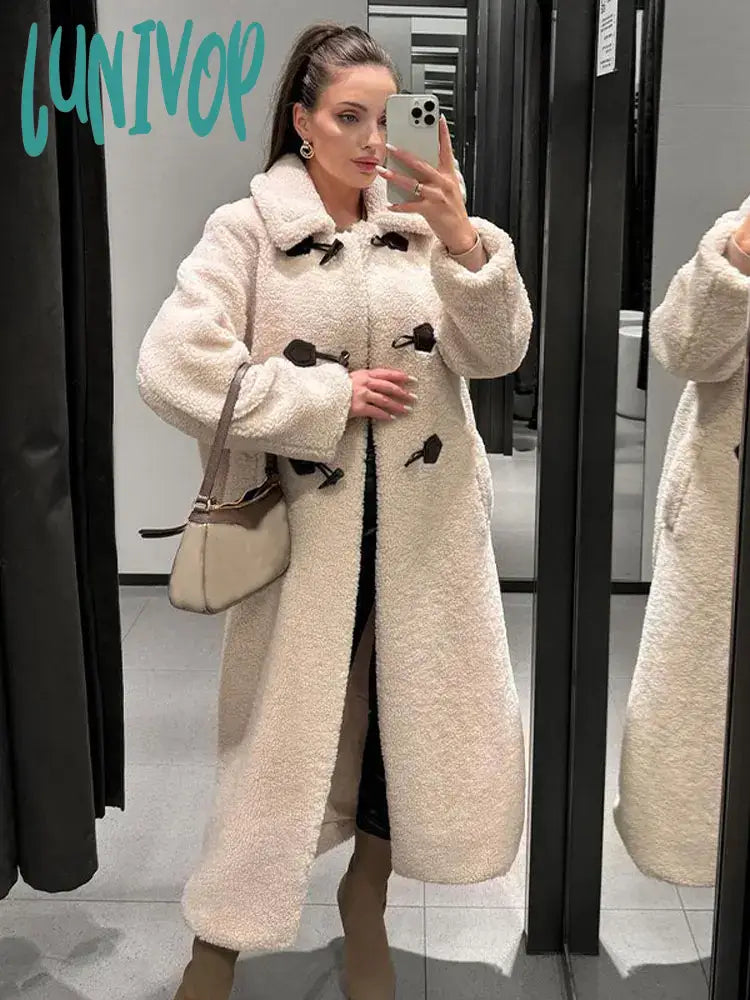 Lunivop Chic Solid Horn Button Women's Plush Long Coat Fashion Polo Neck Full Sleeve Thicken Jacket  Winter Female Elegant Outerwear Collared Jacket Crew Neck Jacket Turtle Neck Jacket