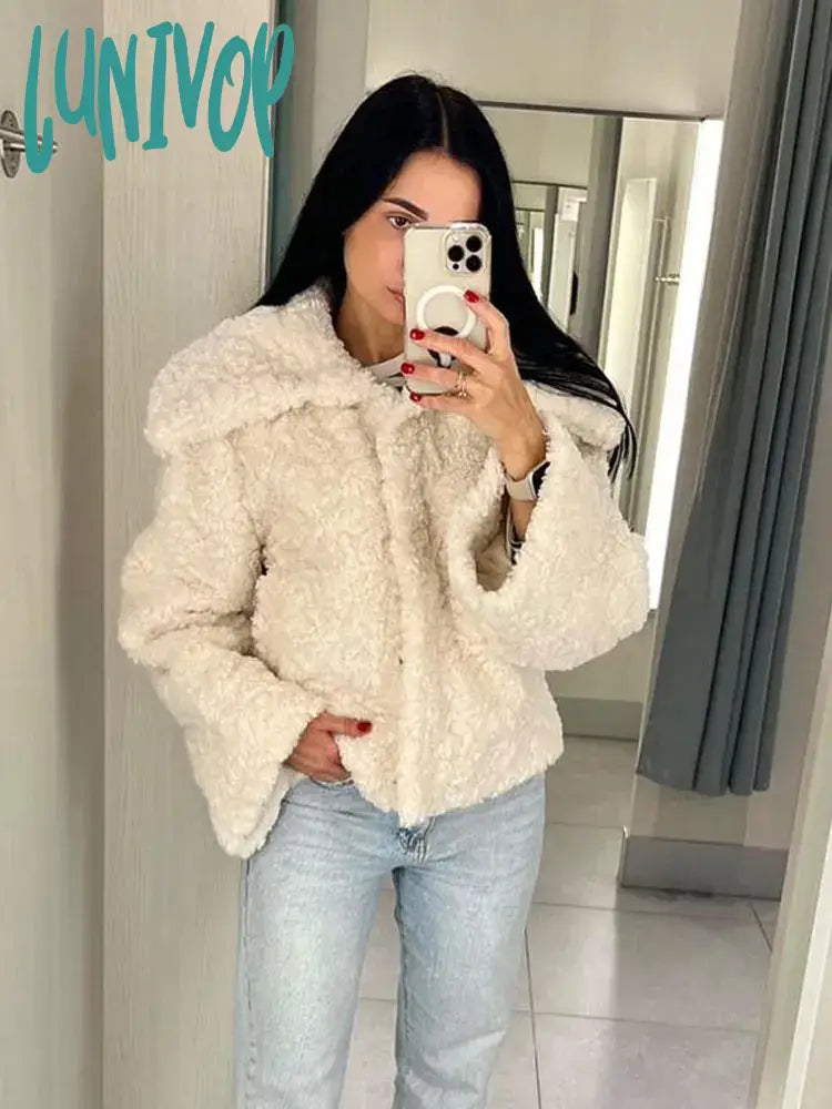 Lunivop Chic Sweet Fake Faux Fox Fur Coat Women Lapel Wide Sleeves Loose Short Outerwear Winter New Plush Thickened Warm Jacket Zippered Front Buttoned Front Snap Front