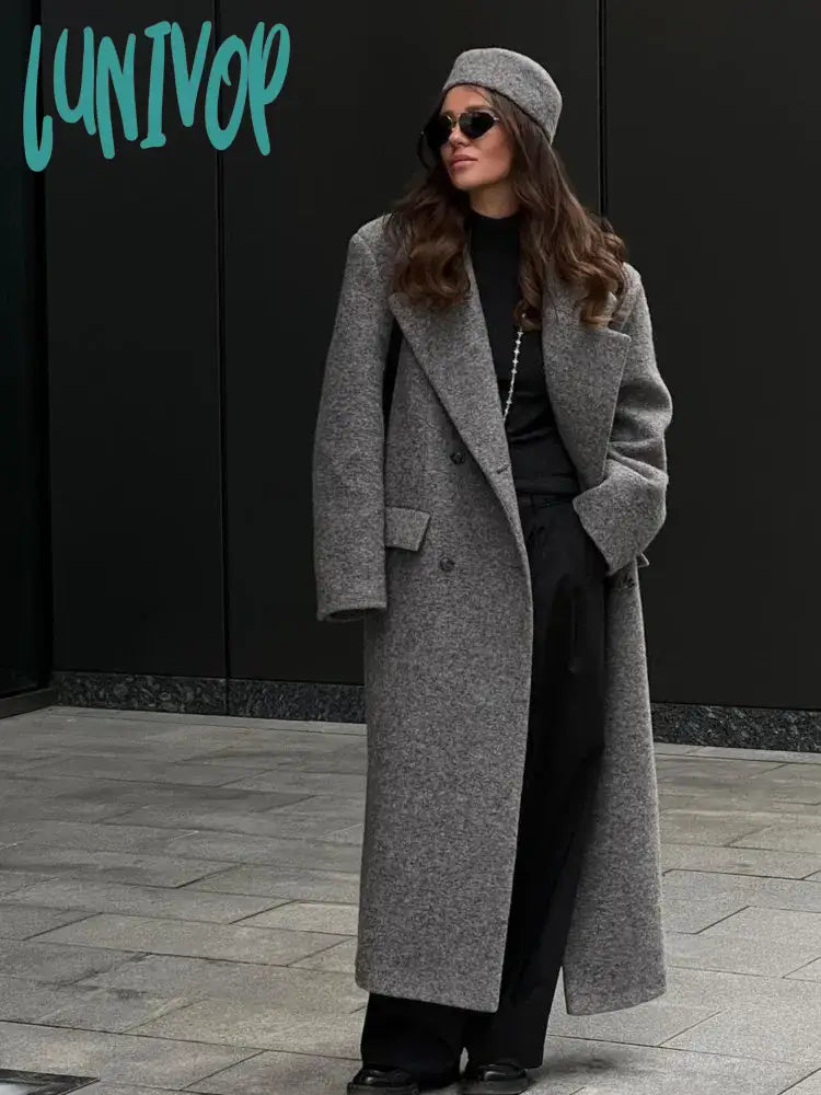 Lunivop Elegant Grey Women's Long Blends Woolen Coat Chic Loose Lapel Double Breasted Oversized Jacket  Winter Lady Fashion Overcoat Striped Jacket Polka Dot Jacket Floral Jacket