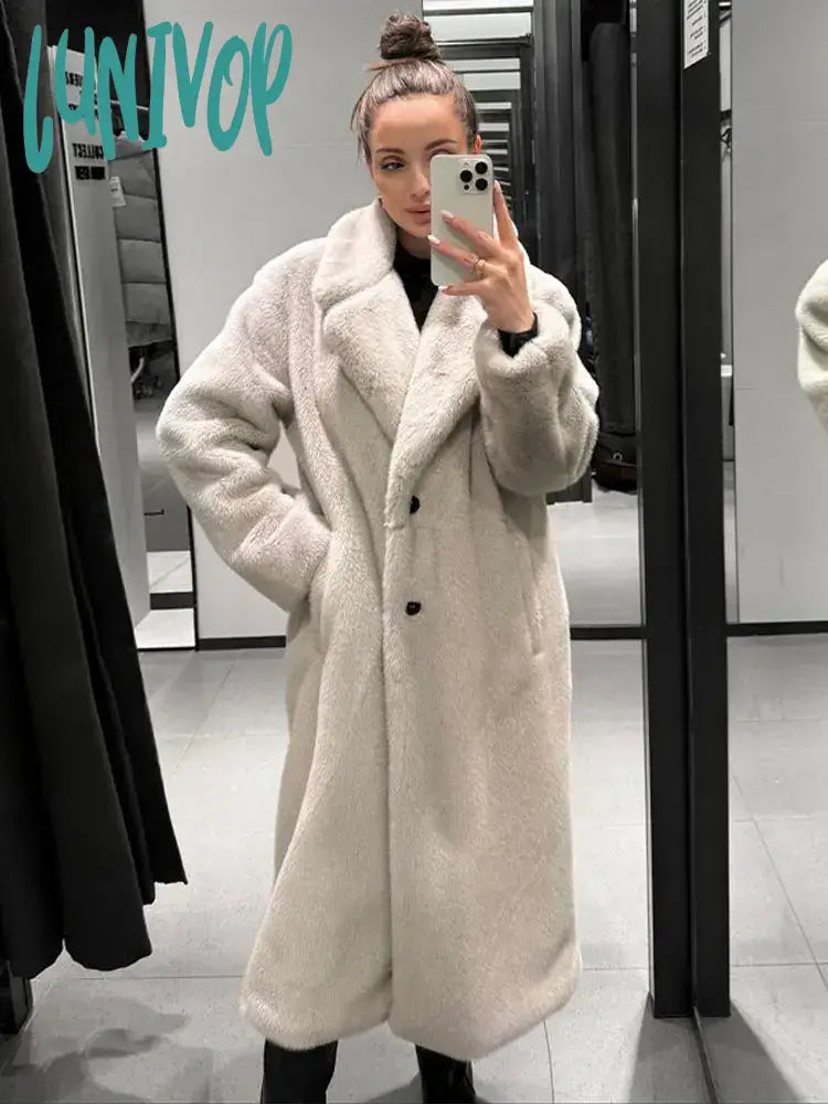 Lunivop Elegant Solid Thick Plush Coat For Women Casual Lapel Long Sleeve Single Breasted Fur Jacket  Winter Female Fashion Ouercoat Cotton Jacket Linen Jacket Terry Jacket