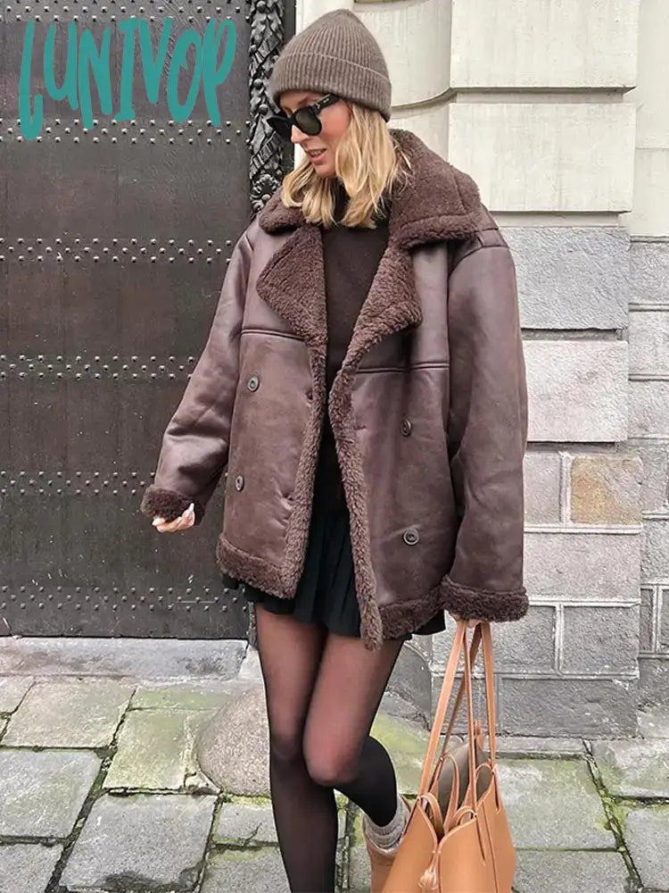 Lunivop Women Elegant Brown Faux Lambswool Fur Jacket Chic Lapel Long Sleeve Double Breasted Thick Coat Lady Fashion Warm Shearling Chenille Fabric Brocade Fabric Lace Fabric