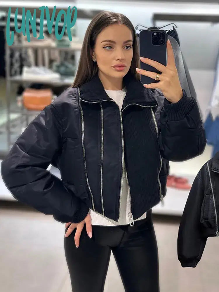 Lunivop Women Elegant Fashion Zipper Crop Cotton Jacket Casual Solid Lapel Long Sleeved Short Coat Winter Lady Chic High Streetwear Mesh Jacket Canvas Jacket Denim Jacket