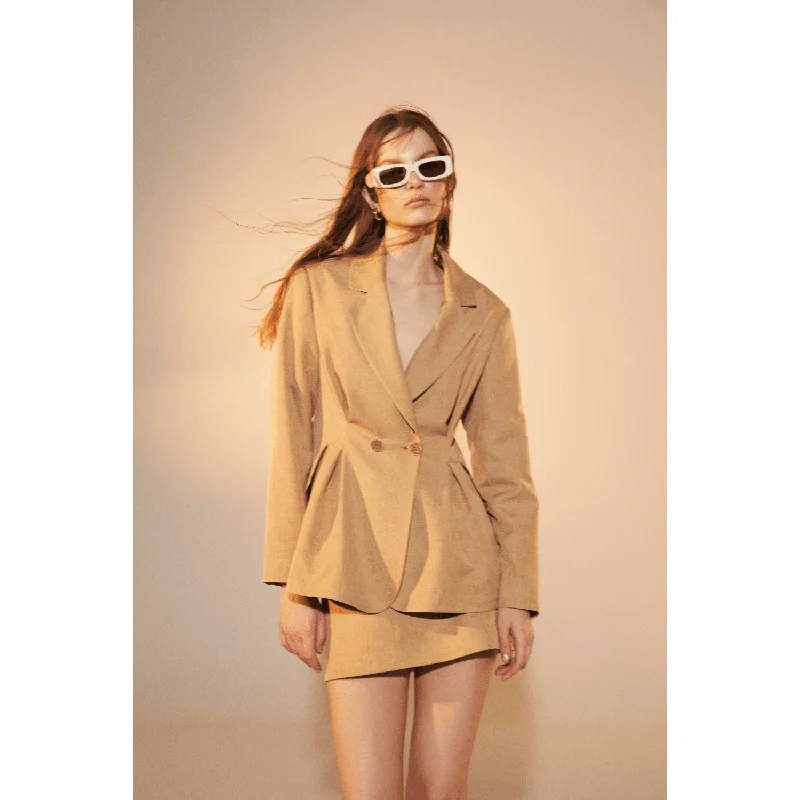 Marde Tailored Jacket in Almond Buff Collared Jacket Crew Neck Jacket Turtle Neck Jacket