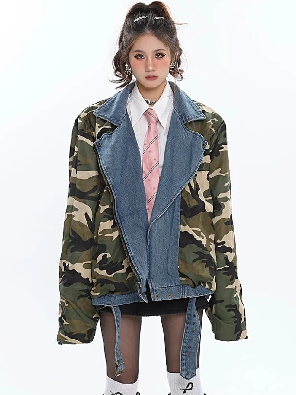 Sage Denim Blue Patchwork Army Green Long Sleeve Zip Up Jean Jacket Print Jacket Jacquard Jacket Patchwork Jacket