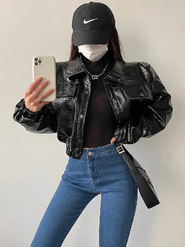 Sasha Solid Color Faux Leather Long Sleeve Collar Cropped Button Up Jacket Mesh Jacket Canvas Jacket Denim Jacket