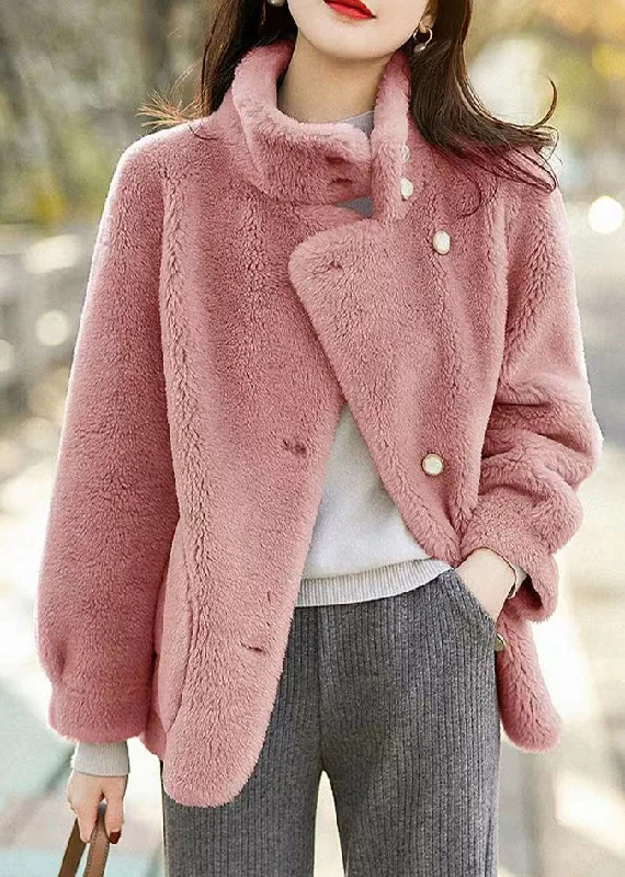 Simple Pink Stand Collar Pockets Patchwork Woolen Jackets Winter Nylon Fabric Polyester Fabric Spandex Fabric