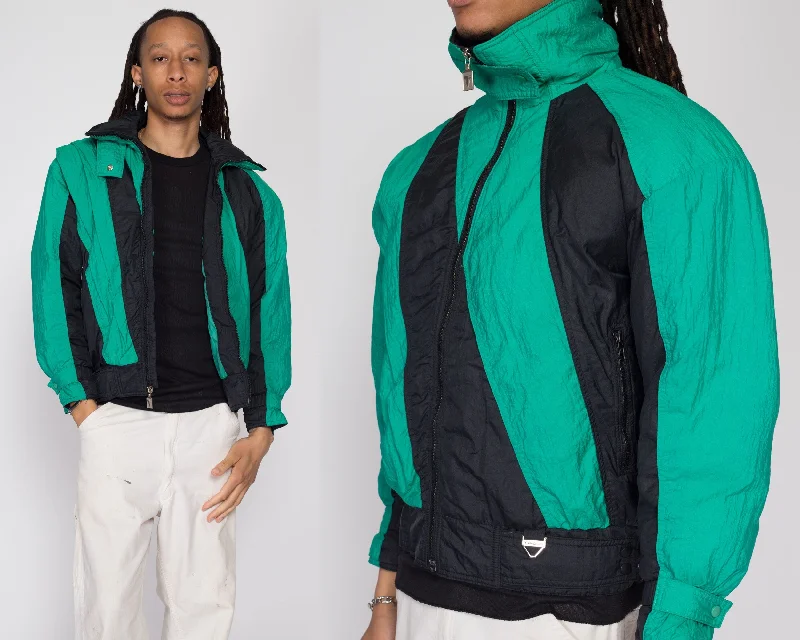 Small 80s Tyrolia Green & Black Striped Down Fill Puffer Jacket Snapped Jacket Toggled Jacket Drawstring Jacket