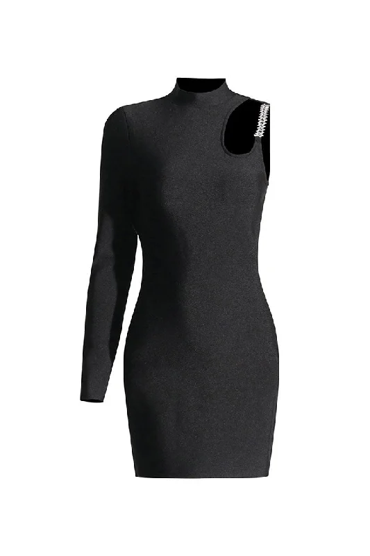 Asymmetrical High Neck Rhinestone Cutout Long Sleeve Knit Party Mini Dress Cozy Knitted Mini Dress