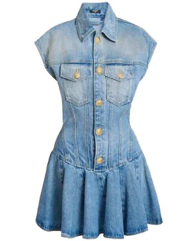 Denim Flare Mini Dress in Blue Chic Mini Dress with V-Neck