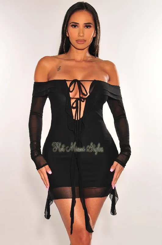 Black Mesh Off Shoulder Tie Up Long Sleeve Ruffle Mini Dress Comfortable Linen Mini Dress