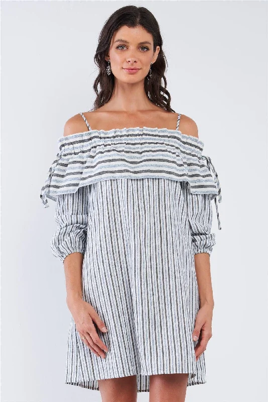 Blue&Black Loose Fit Striped Off-The-Shoulder Long Sleeve Ruffle Hem Mini Dress Classic Floral Mini Dress