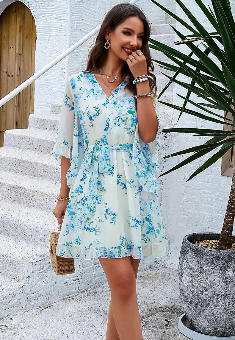 Blue Floral Boho Mini Dress Stylish Floral Print Mini Dress