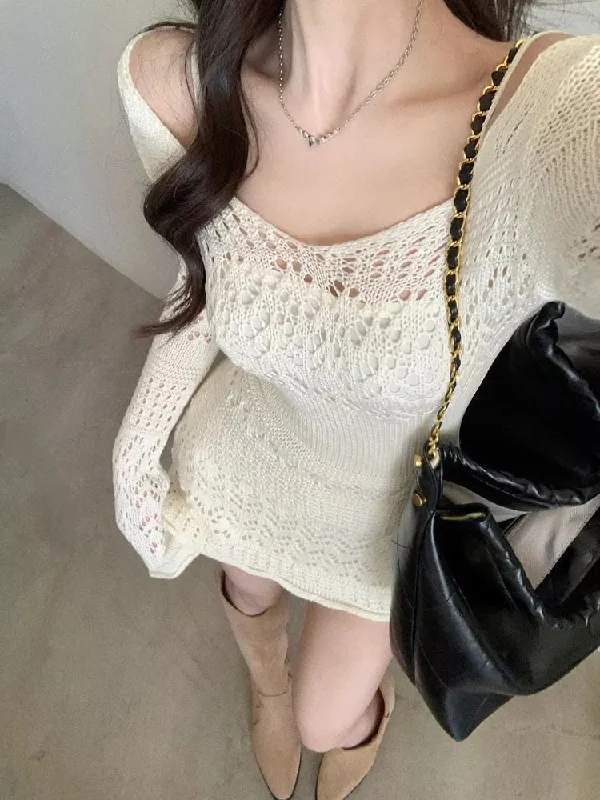 Calynda Knitted Lace Mini Dress Cozy Sweater Mini Dress