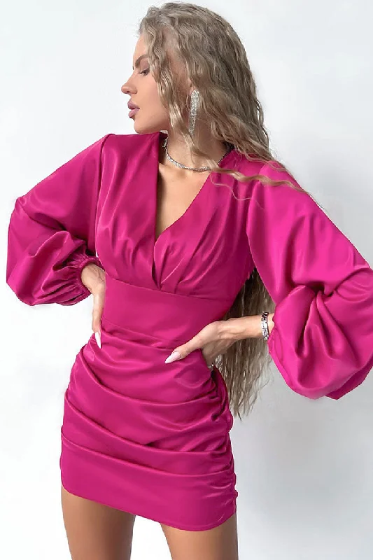 Chic Deep V Bishop Sleeve Ruched Bodycon Party Mini Dress - Hot Pink Stylish Sweetheart Neck Mini Dress