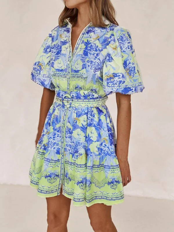 Blue And Yellow Charming Floral Print Mini Dress Comfortable Fit-and-Flare Mini Dress