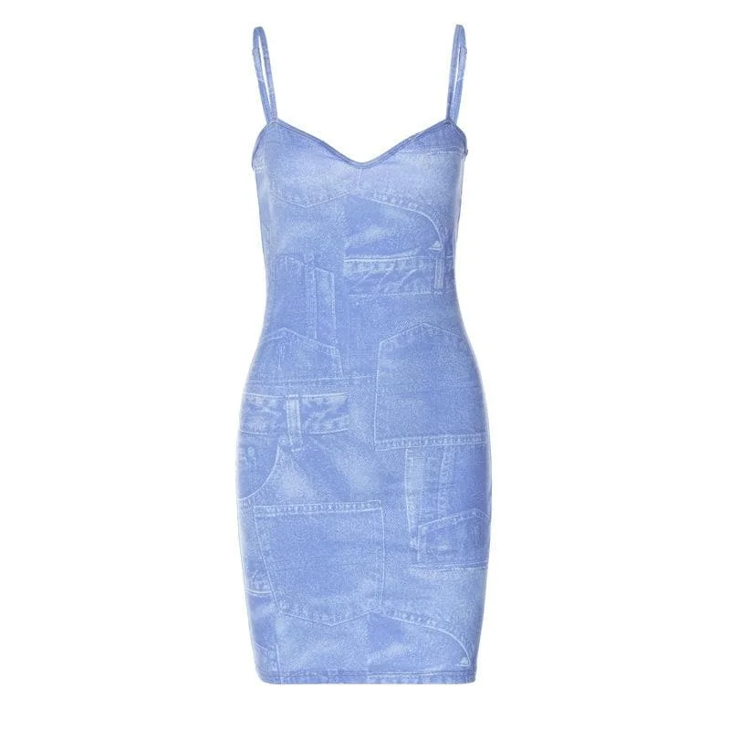 Denim print v neck backless cami mini dress Comfortable Shift Mini Dress