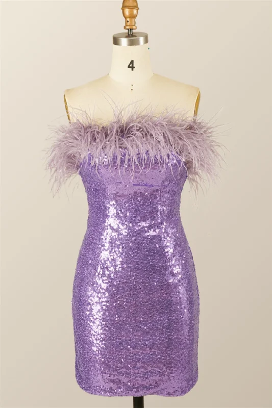 Feather Strapless Purple Sequin Mini Dress Cozy Long Sleeve Mini Dress